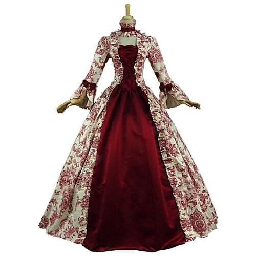 Victorian Rococo Costume Womens Party Costume Masquerade Red Vintage Cosplay Lace Cotton Satin Long Sleeves Poet