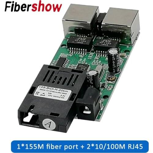 Media Converter 2 RJ45 1 SC 10/100M Fast Ethernet Switch Converter 20KM Ethernet mini Fiber Optical Single Mode fiber Port pcba