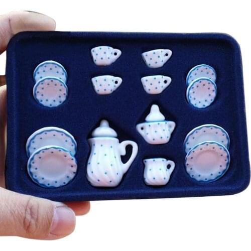 Miniature 1: 12 Toy 15 Pcs Blue Flower Porcelain Tea Set Simulation Dollhouse Decorative Accessories