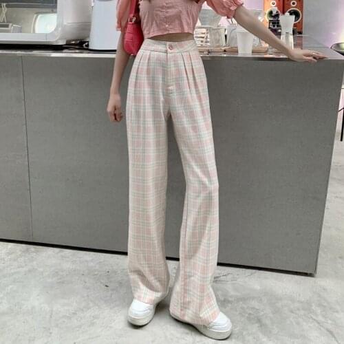 Korean Fashion Casual Pants Thin Plaid Wide Leg Pants Streetwear Women Retro Teens Trousers Autumn Ladies Causal Pants
