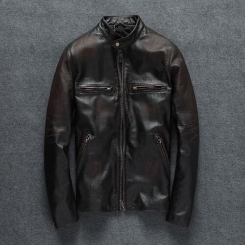 Genuine Leather Jacket Men Spring Autumn Motorcycle Leather Jacket Stand Collar Real Sheepskin Leather Coat Jaqueta Couro YY451