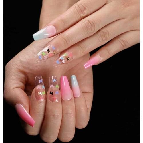 24pcs Pink Butterfly Pattern False Nails Ballerina Long French Square Fake Nails Press On Full Cover Nail Tips Manicure Decor NN