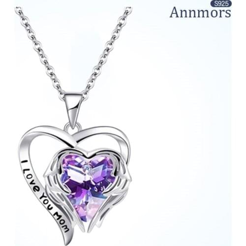 Heart Wings Necklace I Love You Mom Purple Zircon Mother Day Anniversary Birthday Necklace Women Silver 925 Jewelry Neck Gift