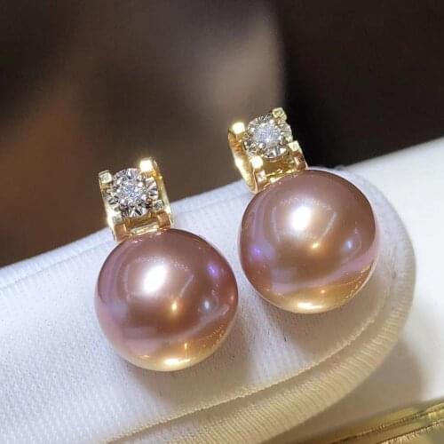 D420 Pearl Earrings Fine Jewelry Solid 18K Gold Round 8-9mm Fresh Water Edison Light Purple Pearls Stud Earrings for Women
