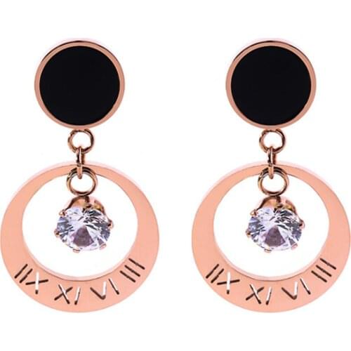 316L Stainless Steel Black Enamel Six-claw Zircon Roman Numeral Circle Rose Gold Titanium Steel Earrings