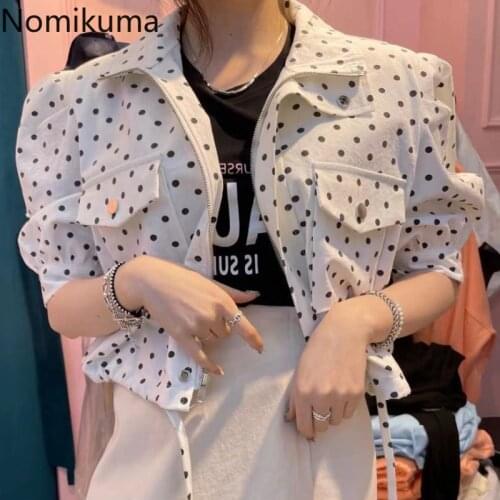 Nomikuma Chic Dot Women Jacket Causal Puff Sleeve Turn-down Collar Coat 2021 Spring Summer New Korean Short Outerwear 6H230