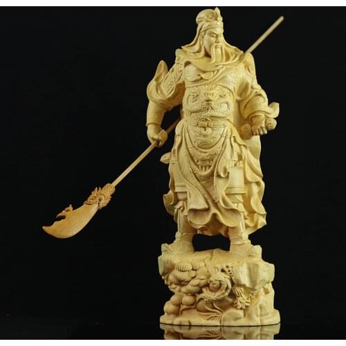 Boxwood 20cm Guanyu Sculpture Three Kingdoms Wood Statue Feng Shui Collection Wealth God Guan Gong Home Decor