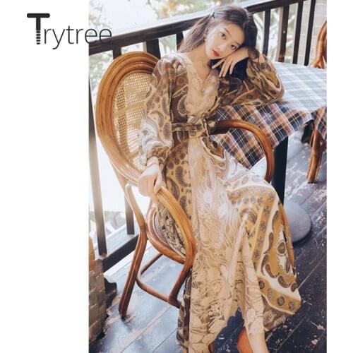 Trytree 2020 Spring Autumn Vintage Womens Dress V-Neck Silky Polyester Patchwork Lace A-line Beading Belt Elegant Boho Dress