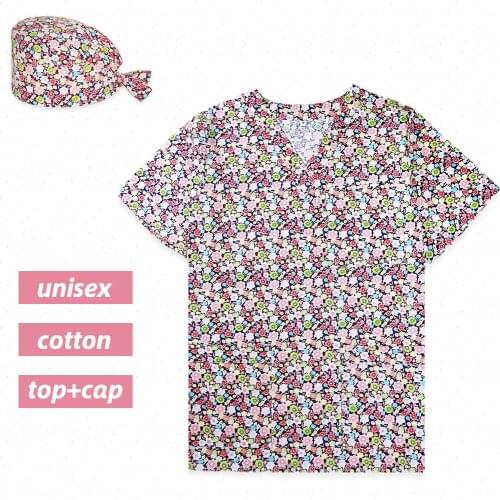 XXS-4XL Cotton Scrub Top Unifrom Cap Anime Printed Uniforms Tops Caps For Nurses and surgeon,Physician