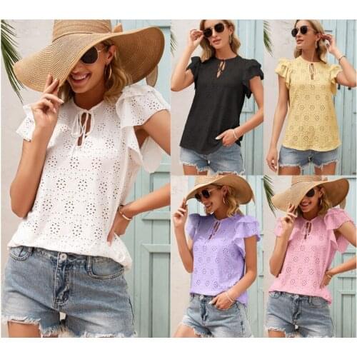 Summer Tops Womens Blouse Hollow Out Ruffle Short Sleeve Lace Up Black Shirts Casual Black Loose Top Femme Blusas Y Camisas Y2K