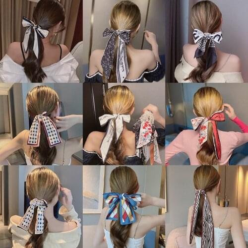 Vintage Print Long Hair Band Ribbon For Women Silk Hair Accessories 2021 Trend Girl Bow Scarf Scunchie Letter Headband Hair Tie