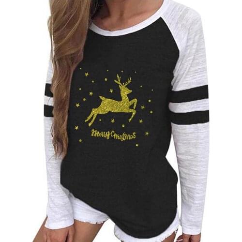Womens Winter Fashion Christmas Print Casual Long Sleeve Round Neck Top рубашка женская 2021 Tshirt Clothes