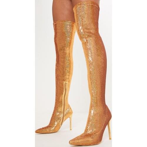 Woman Golden Bling Bling Thigh Boots Pointed Toe Thin High Heel Stretch Sequins Over The Knee Boots Lady Dance Stage Boots