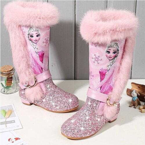 Long high heel boots for girl child, with sequins, warm snow shoes, winter and fall, theme of Princess Elsa, Frozen, and Disney
