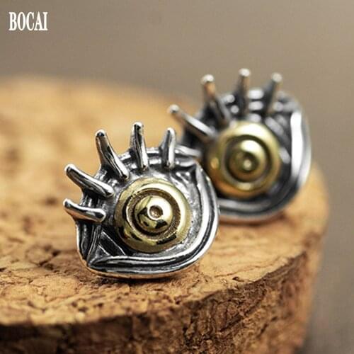 BOCAI real S925 pure Silver Jewelry Vintage Angel Eye Stud Man Earring Thai Silver French Demon Eye Woman Earring