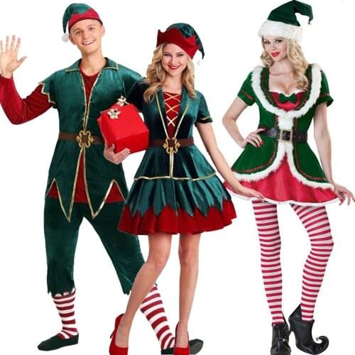 Women Men Green Elf Christmas Santa Claus Costume Adults Family Green Elf Cosplay Costumes Carnival Halloween Party Fancy Dress