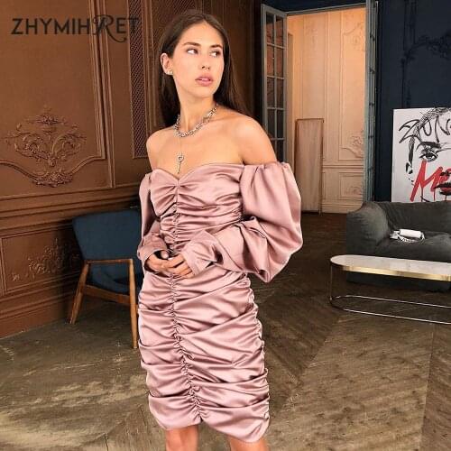 ZHYMIHRET Elegant Slash Neck Ruched Dress Women Off Shoulder Sexy Strapless Dress 2019 Autumn Long Puff Sleeve Satin Vestidos