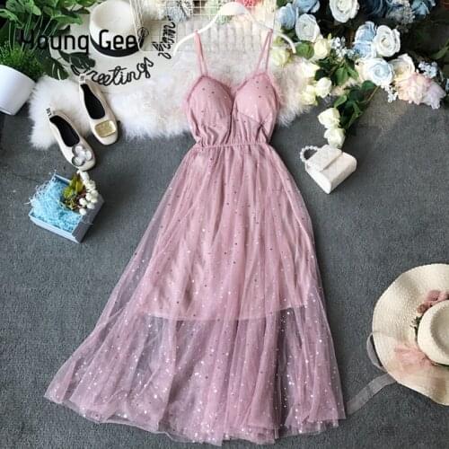 Young Gee Spaghetti Strap Backless Sexy Mesh Long Dress Party Off Shoulder Strapless V-neck Summer Holiday Beach Dresses vestido