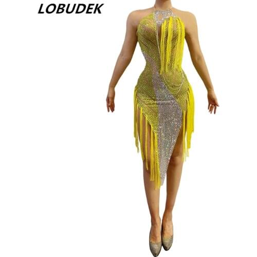 Female Latin Rumba Modern Dance Tassel Dress Yellow Rhinestones Fringes Backless Dresses Sexy Nightclub Bar DJ Dancer Stage Wear
