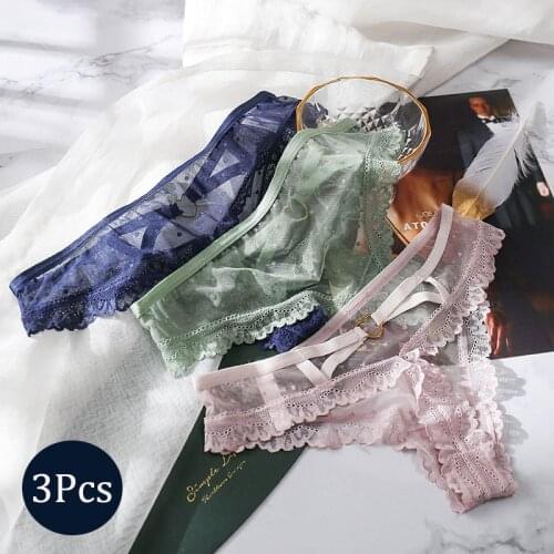 3pcs lace polka dot mesh panties temptation buttocks perspective sexy low-rise thong hollow T-pants womens 100% cotton crotch