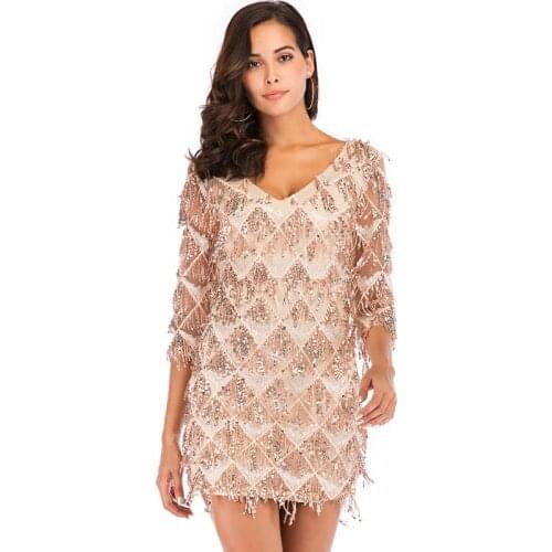 Apricot Beaded fringed Fashion Evening Celebrate Fringes Dress Costume spring sexy Party Sequin Slim woman mini dresses autumn