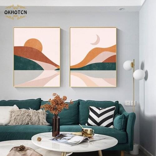Nordic Boho Home Decor Sunrise Moon Posters and Printds Abstract Color Block Landscape Wall Art Canvas Painting for Living Room