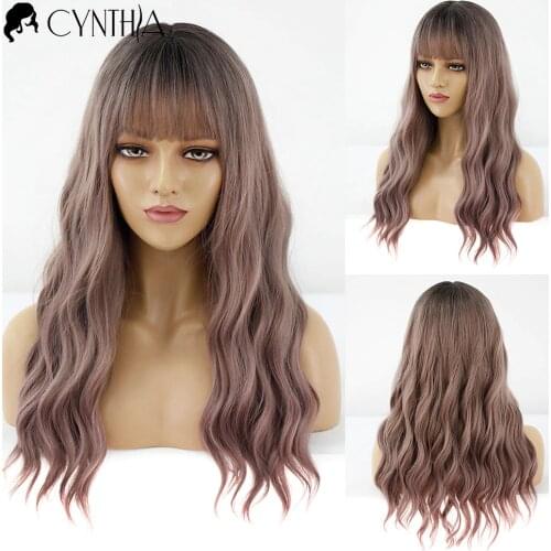 Long Grey Pink Ombre Wave Daily Synthetic Wig With Bangs For Black White Women Cosplay Natural Fiber Heat Resistant Hair Wigs