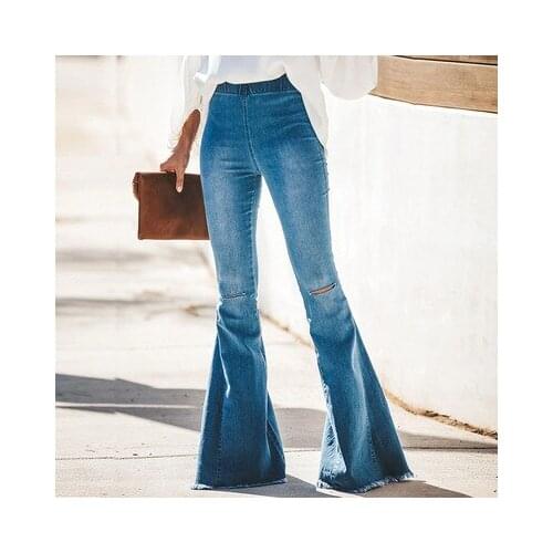 Spring Autumn Bell Bottom Lady Jeans Ripped High Waist Elastic Vintage Fashion High Streetwear Lotus Flared Denim Pants Trousers