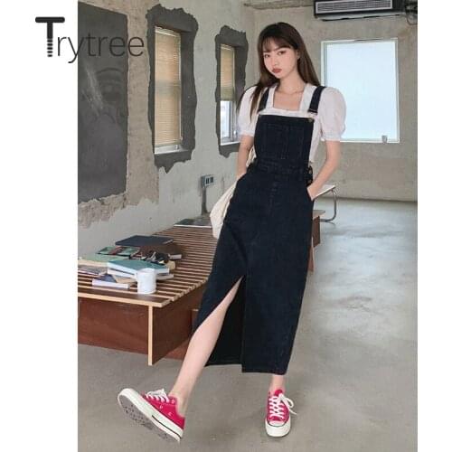 Trytree 2021 Summer Autumn Women Strap Skirt Casual Solid High Waist Pockets Split Hem Fashion Ankle-Length Denim Black Skirts