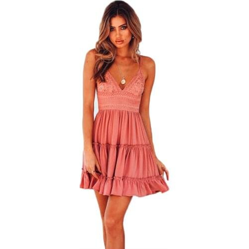 Hot sell women lace dress 2018 summer boho casual mini dress spaghetti strap V Neck backless bandage Ruffles vestidos sweet Girl