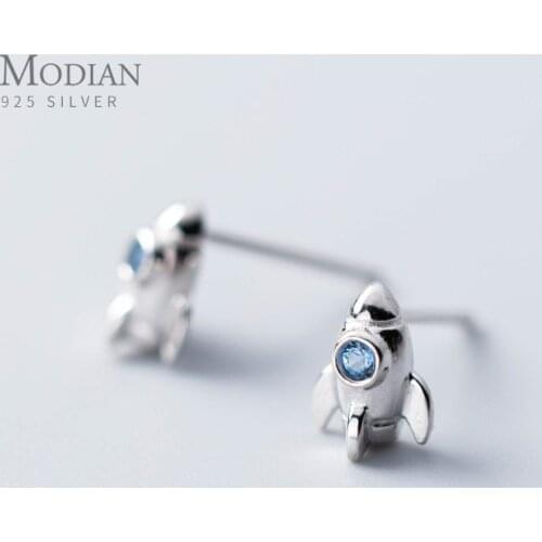 Modian Blue Crystal Rocket Stud Earrings For Women Exquisite Tiny Trendy 925 Sterling Silver Jewelry Female Korean Accessories