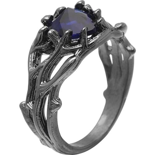 UFOORO engagement ring fashion Plant trunk shape hollowed dark blue zircon Black Gun Ring For women finger jewelry ring gift