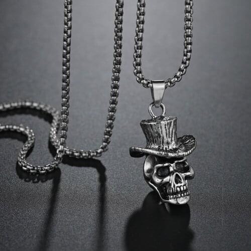 Fashion Vintage Women Men Hat Skull Head Pendant Necklace Stainless Steel Chain Necklaces Jewelry Gift for Boyfriend