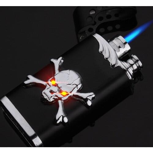 New Creative Skull Gift Lighter Metal Windproof Gas Blue Flame Spray Gun Butane Torch Lighter Cigarette Pipe Lighter Personality