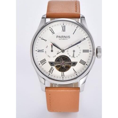 NEW Parnis 42.5mm ST2502 Automatic Mens Wristwatch White Dial Auto Date Week display Day Date Flywheel Roman numerals