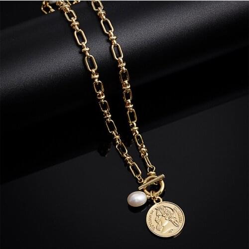Brass With 18K Gold Real Pearl Coins Necklaces Women Jewelry Runway T Show Party Designer Gown Top Ins Japan Korean Trendy