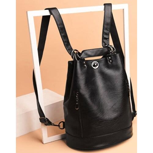 Backpack Women Bag Bucket Type Turn Lock Youth Leisure School Bag Soft PU Leather European and American Trend Simple Backpack