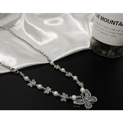 Korean Fashion Stainless Steel Butterfly Pearl Pendant Necklace for Women Girls Exquisite Metal Party Necklace Jewelry Wholesale