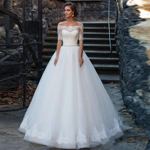 Boat Neck Lace Appliques Half Sleeves Bridal Gown A Line With Beaded Sashes Wedding Dresses 2021 Plus Size Women Bride Marriage