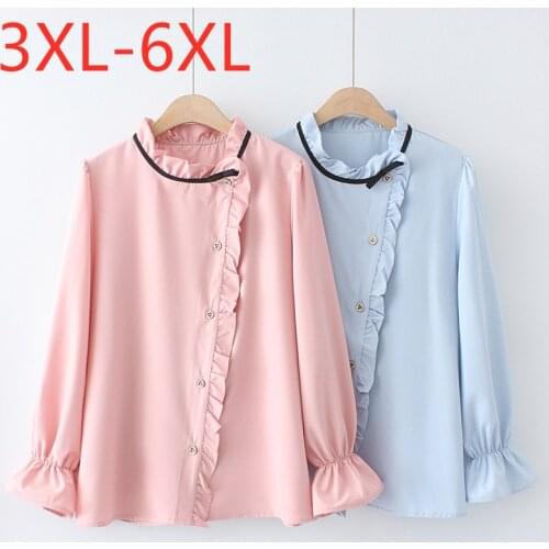 New 2021 Ladies Spring Autumn Plus Size Tops For Women Large Long Sleeve Loose Casual Ruffle Pink Chiffon Shirt 3XL 4XL 5XL 6XL