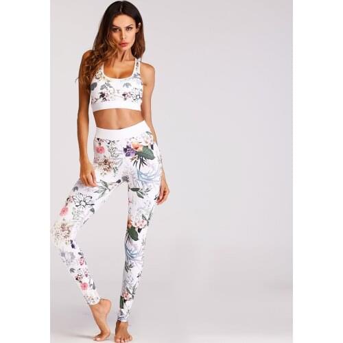 Women Yoga Sets Print Flower 2 pieces Gym Clothing Bra & Leggings Workout Outfit Female Athletic Pilates Training Fitness Sets