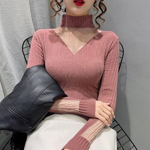 Women Knitted Sweater Turtleneck Long-Sleeved Lace Stitching Sexy Elegant Bottoming Wild Shirt Autumn Winter Pullover Pull Femme