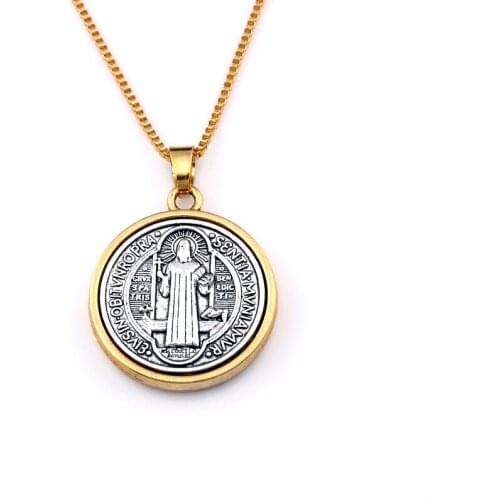 10pcs Saint St Benedict Cross Medal Charm Pendant Necklaces 23.6inches 32.3x27.9mm Antique Gold A-557d