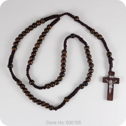 12pcs Dark Brown Wood Rosary Beads INRI JESUS Cross Pendant Necklace Catholic Fashion Religious Jewelry Wholesale
