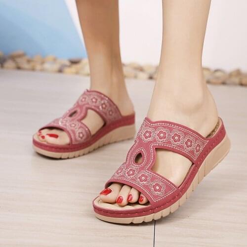 2021 new ethnic style womens sandals wedge heel soft sole light and comfortable rhinestone comfortable large size 42 slippers