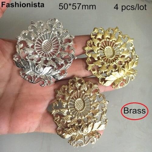 4 pcs -50*57mm Large Oval Lotus Pendant With Blank Tray For 8*10mm Cabochon,Thich Brass Casted Flower Pattern Filigrees
