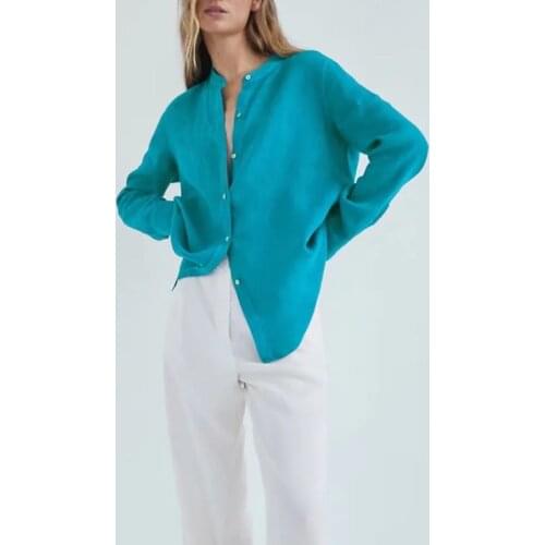 TRAF Za Women Blouses 2021 Fashion Cotton Linen Stand Collar Long Sleeve Shirt Woman Clothing Loose Office Lady Elegant Blouses