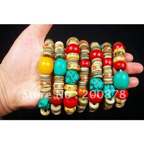 BB-213 Designer original-Tibetan colorful beaded bracelet,beeswax,coral,yak bones beads,Tibet Ethnic jewelry,mix Wholesale