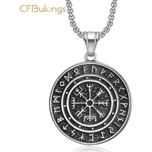 CFBulongs 316L Stainless Steel Compass Viking Mens Necklace Pendant Antique Silver Color Amulet Necklace Punk Jewelry