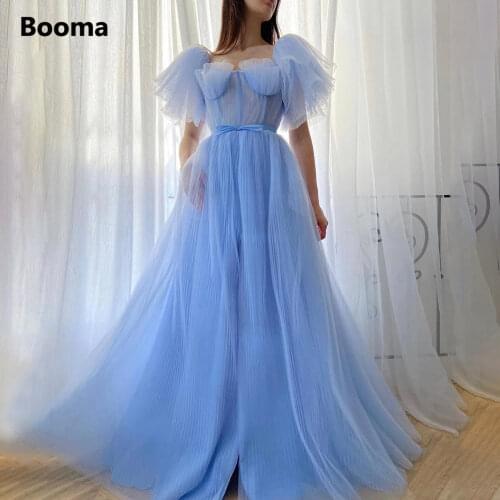 Booma Baby Blue Pleated Prom Dresses Sweetheart Puff Sleeves Tulle Prom Gowns Bow Belt A-Line Long Wedding Party Dresses